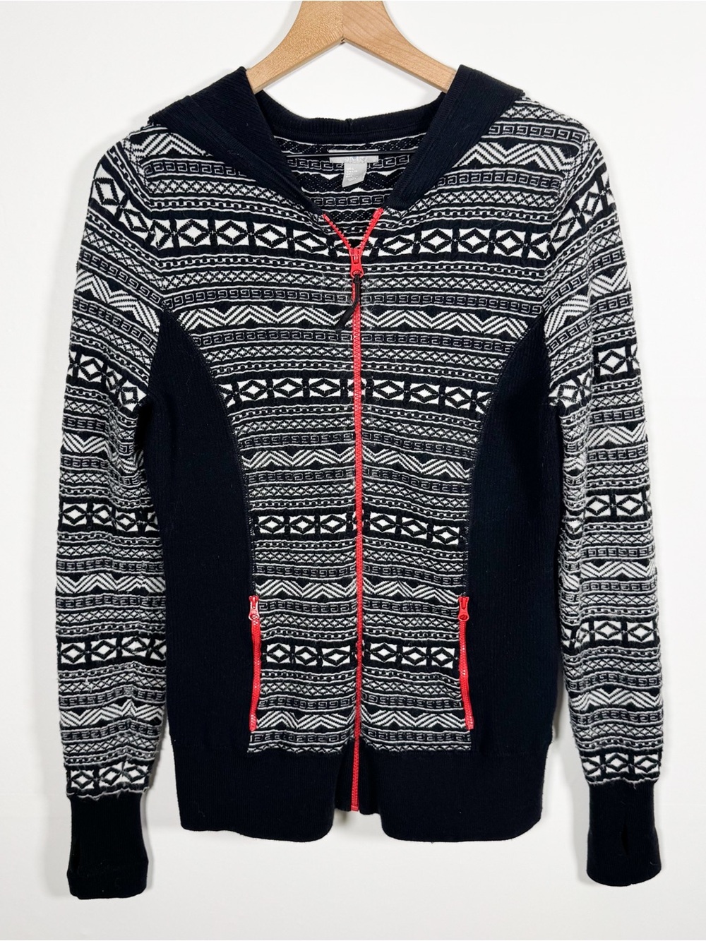 SKYR Women’s Fair Isle Nordic Full Zip Black White Sweater Hoodie Sz L